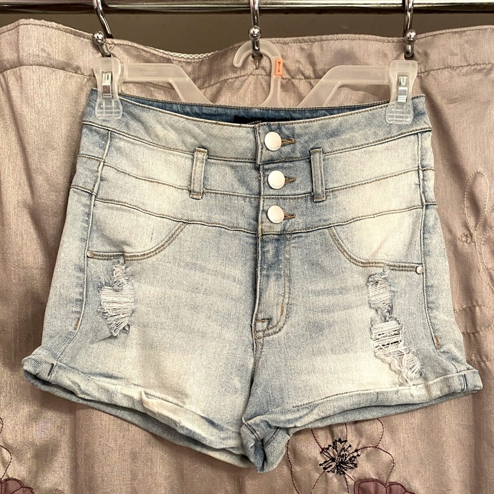 High waisted light blue jean shorts